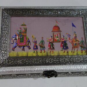 Beautiful Jewelry Box with Indian Artwork 10" X 7" with Carving Inside & Outside